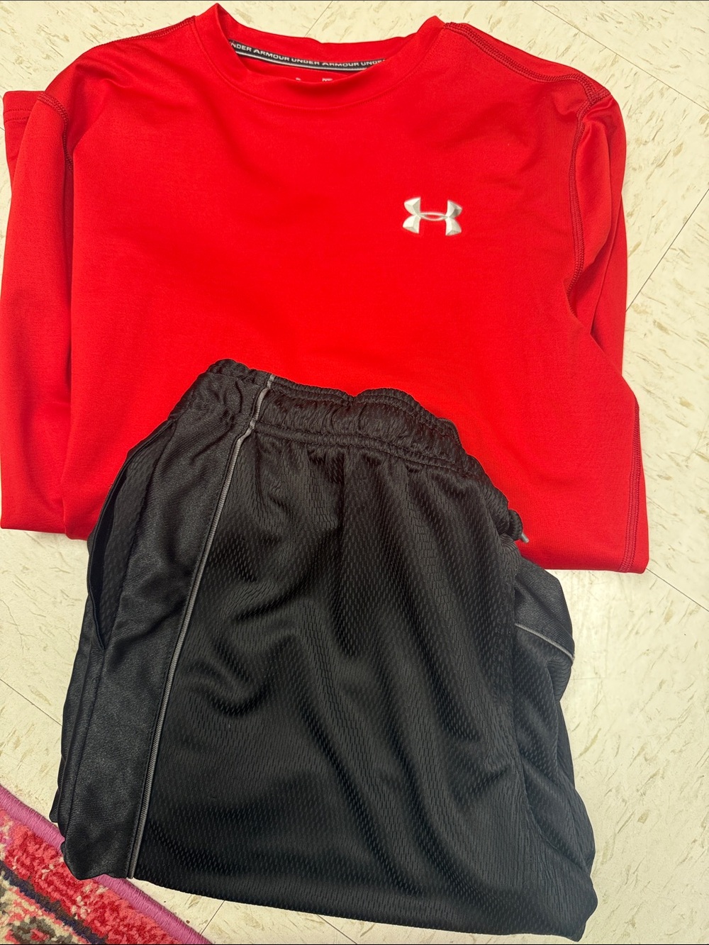 Under Armour Red Long-Sleeve Performance Top with Black Athletic Shorts